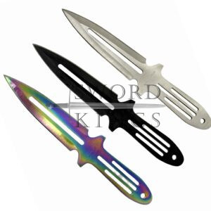 Silver Black and Rainbow Set of 3 Throwing Knives with Sheath