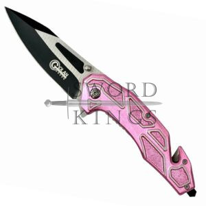Pink Handle Folding Penknife With Belt Clip Seat Belt Cutter and Glass Smasher