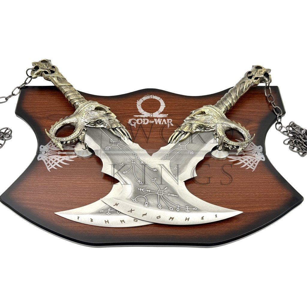 God Of War Kratos Metal Blades of Chaos Linked Together By Chain With Logo On Plaque